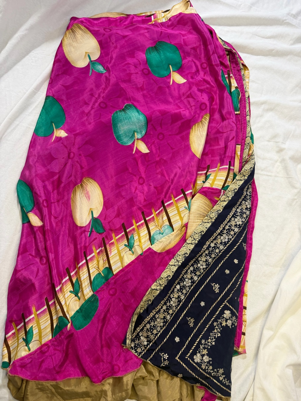 Silk apple  boho wrap skirt in Bright Magenta and gold Floral-Print Saree